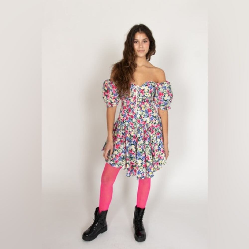 Vintage Puff Off The Shoulder Cotton Floral Dress Small Bloomcore Boho - Picture 2 of 13